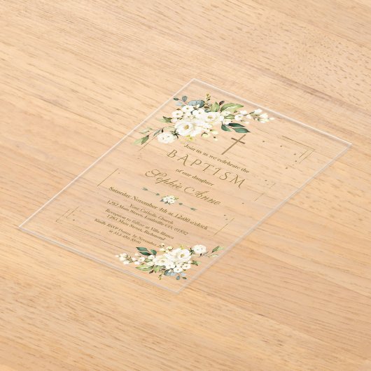 ラグジュアリーホワイトフラワーズ金ゴールドグリッターフレームバプテスマ アクリル招待状 (レイダウン)