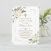 ラグジュアリーホワイトフラワーズ金ゴールドグリッターフレームバプテスマ 招待状 (スタンド正面)