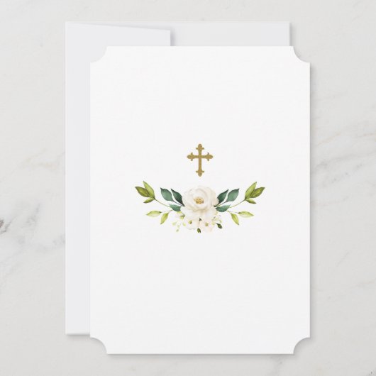 ラグジュアリーホワイトフラワーズ金ゴールドグリッターフレームバプテスマ 招待状 (裏面)