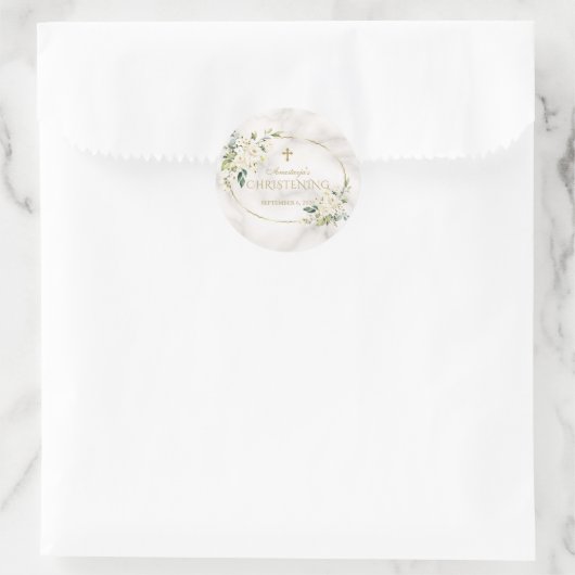 ラグジュアリーホワイトフラワーズ金ゴールド大理石《キリスト教》洗礼式や命名式 ラウンドシール (バッグ)