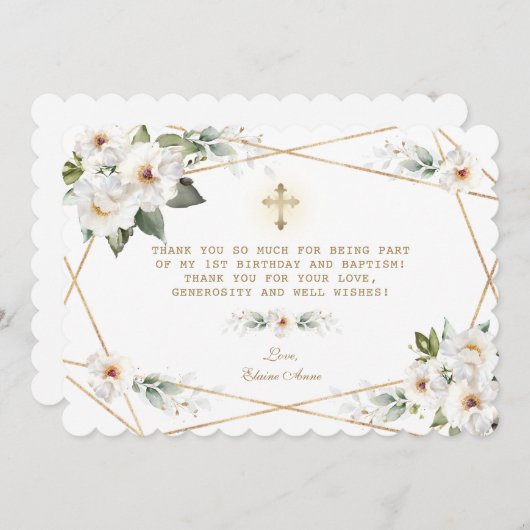 ラグジュアリーホワイトフラワーズ1st誕生日バプテスマ サンキューカード (正面/裏面)