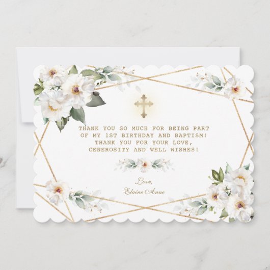 ラグジュアリーホワイトフラワーズ1st誕生日バプテスマ サンキューカード (正面)