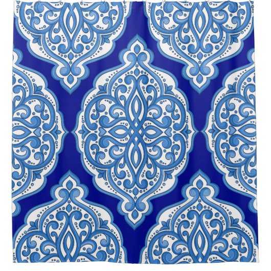 ラグジュアリーホワイトブルー、トルコオーナメント。 シャワーカーテン (正面)