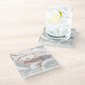 ラグジュアリーホワイトローズ金ゴールドアゲートモノグラムグリッター ガラスコースター (アングル)