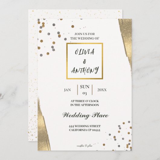 ラグジュアリーホワイト金ゴールドグリッター結婚式招待状 招待状 (正面/裏面)