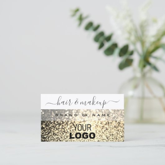 ラグジュアリーホワイト金ゴールドスパークルグリッター追加ロゴエレガント 名刺 (スタンド正面)