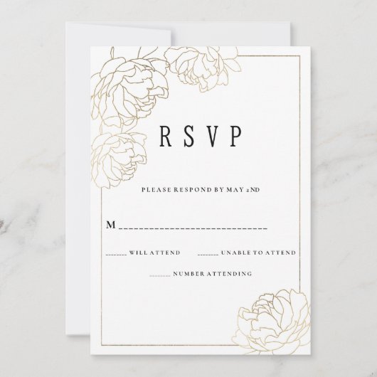 ラグジュアリーホワイト金ゴールドタイポグラフィ牡丹フローラRSVP 招待状 (正面)