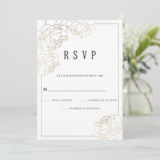 ラグジュアリーホワイト金ゴールドタイポグラフィ牡丹フローラRSVP 招待状 (スタンド正面)