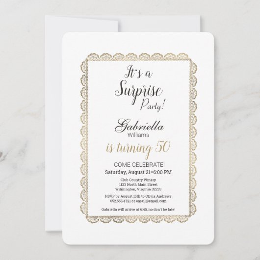 ラグジュアリーホワイト金ゴールドレースサプライズフローラ 招待状 (正面)