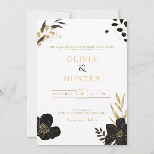 ラグジュアリーホワイト&金ゴールドフローラミニマルエレガント写真 招待状 (正面)