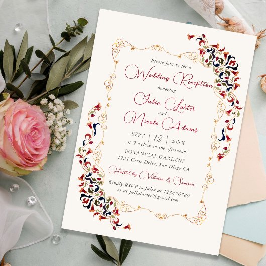 ラグジュアリーボタニカルフローラペイズリーウェディングレセプション 招待状
