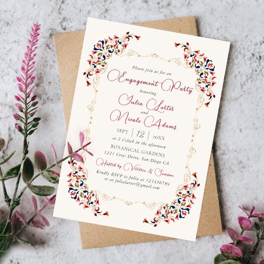 ラグジュアリーボタニカルフローラペイズリー婚約パーティ 招待状