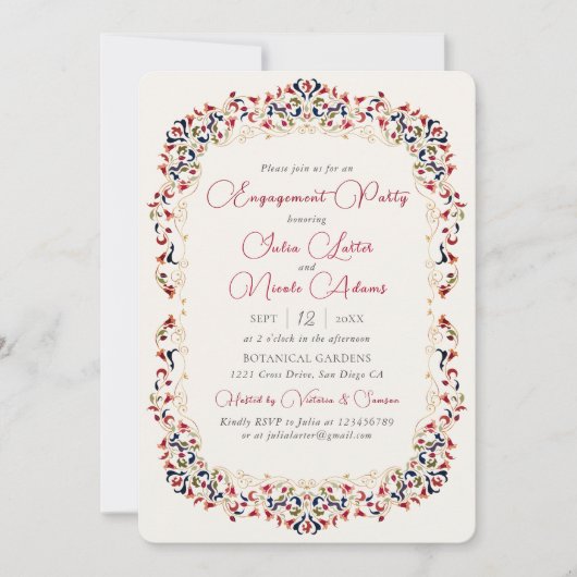 ラグジュアリーボタニカルフローラペイズリー婚約パーティ 招待状 (正面)
