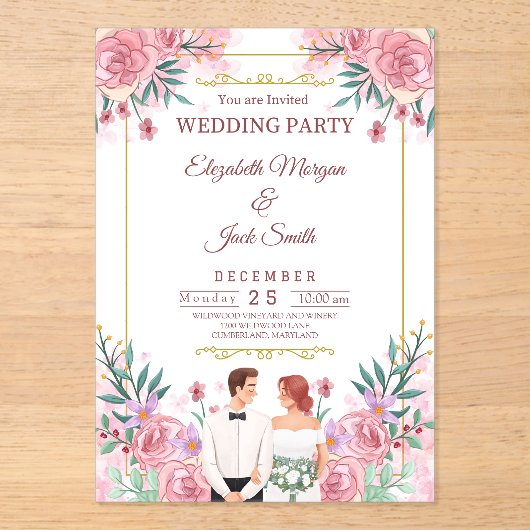 ラグジュアリーボホフローラグリーン結婚リー アクリル招待状 (正面)