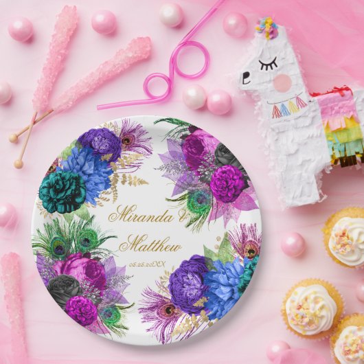 ラグジュアリーマルディグラスピーコック金ゴールド結婚ピーニーズパプ ペーパープレート (パーティー)