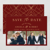 ラグジュアリーマルーンレッド金ゴールド |ブラシストローク2写真 セーブザデート (正面/裏面)