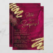 ラグジュアリーマルーンレッド&金ゴールドサプライズバースデーパーティー 招待状 (正面/裏面)