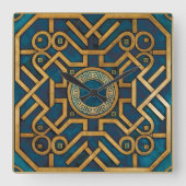 ラグジュアリーマーブルアートデコブルー金ゴールドギリシャ鍵 スクエア壁時計 (正面)