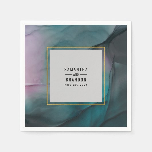 ラグジュアリーマーブルインクウォッシュジュエリートーン結婚ズ スタンダードカクテルナプキン (正面)