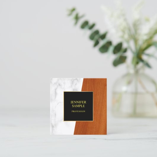 ラグジュアリーマーブルウッドブラック金ゴールドテンプレート スクエア名刺 (スタンド正面)