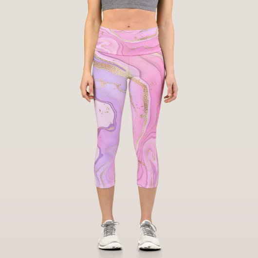 ラグジュアリーマーブルグリッターピンクパープル金ゴールド カプリレギンス (正面)