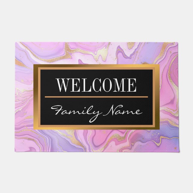 ラグジュアリーマーブルグリッターピンクパープル金ゴールド ドアマット (正面)
