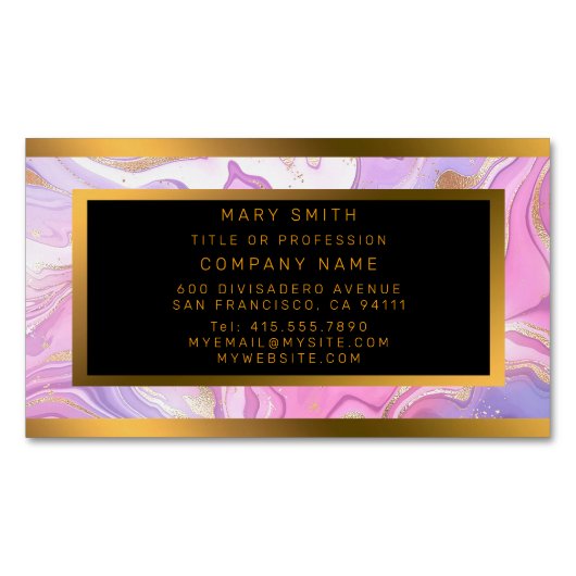 ラグジュアリーマーブルグリッターピンクパープル金ゴールド マグネット名刺 (正面)