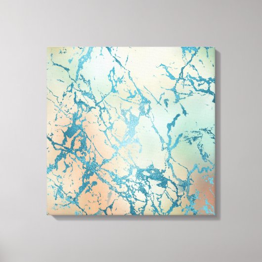 ラグジュアリーマーブル | ビューティフルイエローアンドコーラルティール(緑がかった色)静脈 キャンバスプリント (正面)