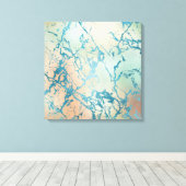 ラグジュアリーマーブル | ビューティフルイエローアンドコーラルティール(緑がかった色)静脈 キャンバスプリント (インサイチュ (ウッドフロア))