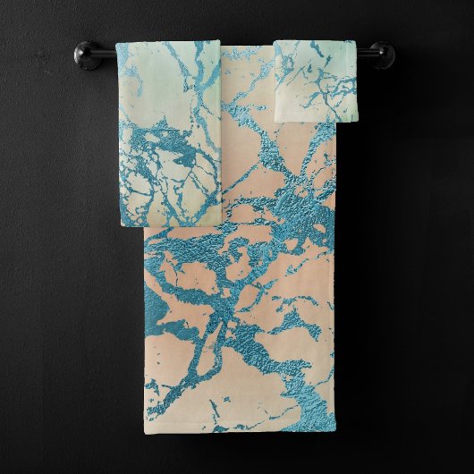 ラグジュアリーマーブル | ビューティフルイエローアンドコーラルティール(緑がかった色)静脈 バスタオルセット