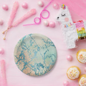 ラグジュアリーマーブル | ビューティフルイエローアンドコーラルティール(緑がかった色)静脈 ペーパープレート (パーティー)