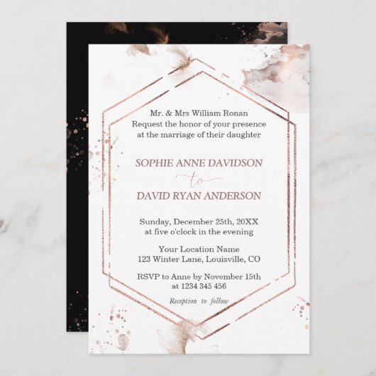 ラグジュアリーミニマルバラ金ゴールド結婚フレームフォーマル 招待状 (正面/裏面)