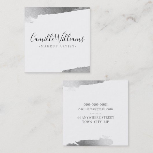 ラグジュアリーミニマルフェイクグラックス銀ブラシ スクエア名刺 (正面/裏面)