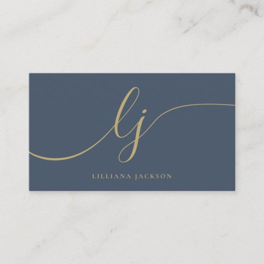 ラグジュアリーミニマルモノグラムネイビーブルー&金ゴールドエレガント 名刺 (正面)