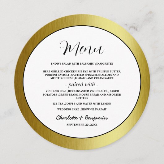 ラグジュアリーメタリック金ゴールド結婚ラウンドのメニュー メニュー (正面)