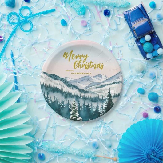 ラグジュアリーメリークリスマスツリーの森の金ゴールドスクリプト休日 ペーパープレート (パーティー)