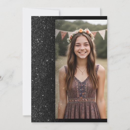 ラグジュアリーモダンシックブラックグリッタースウィート16 招待状 (裏面)