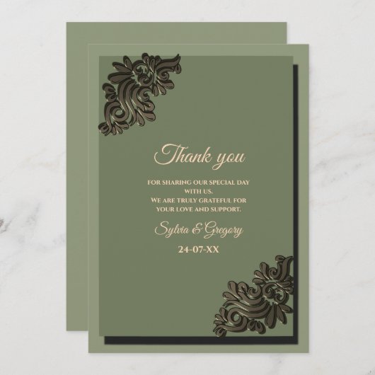 ラグジュアリーモダンセージグリーン&金ゴールドクラシックメタリック サンキューカード (正面/裏面)