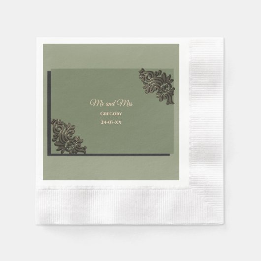 ラグジュアリーモダンセージグリーン&金ゴールドクラシックメタリック 縁ありカクテルナプキン (正面)