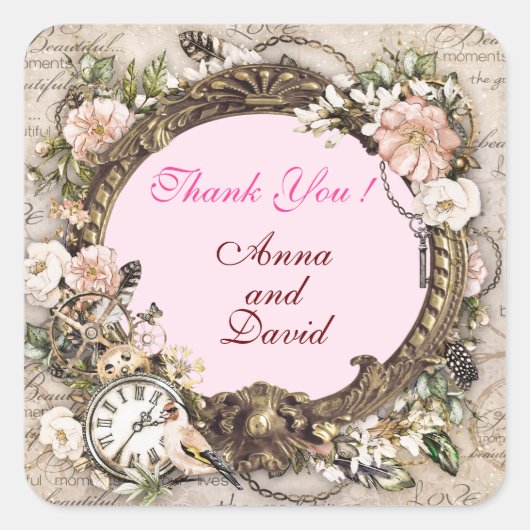 ラグジュアリーモダンピンクローズあなたのテキストスクエアスティックを追加 スクエアシール (正面)