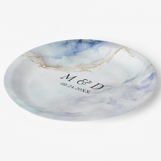 ラグジュアリーモダンブルーマーブル結婚ズ紙プレート ペーパープレート (アングル)