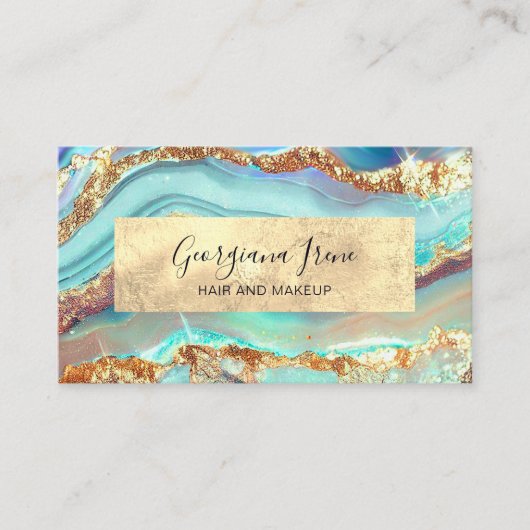 ラグジュアリーモダン抽象芸術フェイクアゲートマーブルティール（緑がかった色）金ゴールド 名刺 (正面)