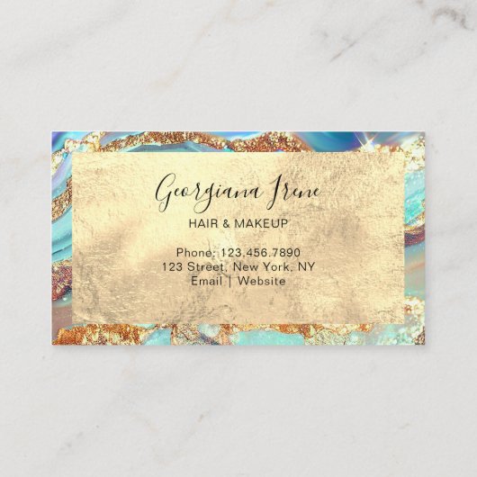 ラグジュアリーモダン抽象芸術フェイクアゲートマーブルティール(緑がかった色)金ゴールド 名刺 (裏面)