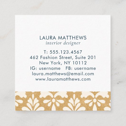 ラグジュアリーモダン金ゴールドネイビーダマスクプロフェッショナル スクエア名刺 (裏面)