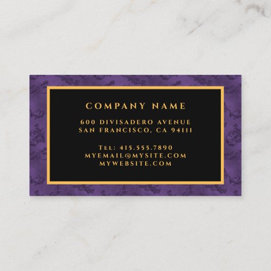ラグジュアリーモダン金ゴールドパープルダマスク 名刺 (裏面)