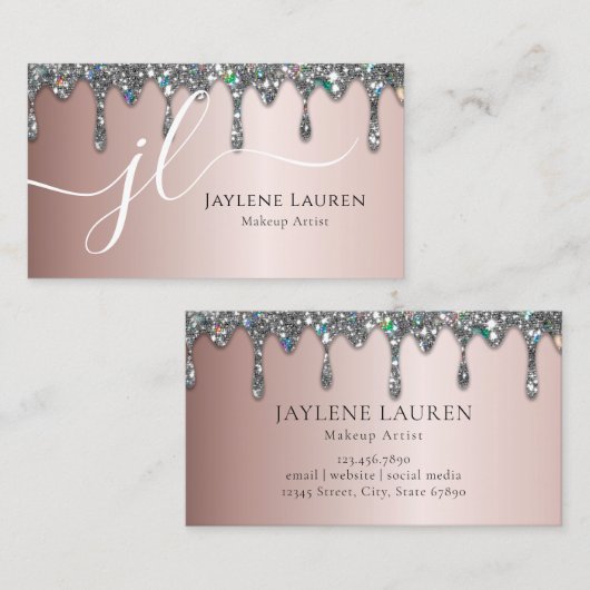 ラグジュアリーモノグラムシルバーグリッタードリップスライトマウヴ 名刺 (正面/裏面)