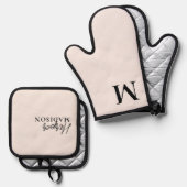 ラグジュアリーモノグラムブラシ赤面ピンク 鍋つかみ&鍋敷きセット (正面/裏面)