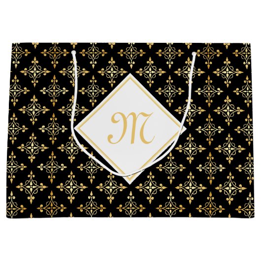 ラグジュアリーモノグラムブラックアンド金ゴールドクォータフローラ ラージペーパーバッグ (正面)