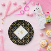 ラグジュアリーモノグラムブラック&金ゴールドクアトルフローラ ペーパープレート (パーティー)