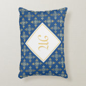 ラグジュアリーモノグラムブルー&金ゴールドクアトルフローラ アクセントクッション (正面(垂直))